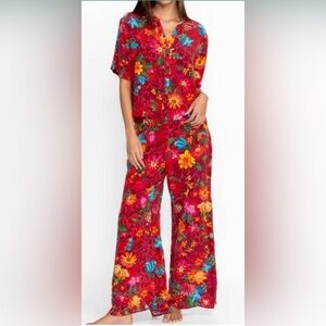Johnny Was Red Floral Wide-Leg Pajama Pants